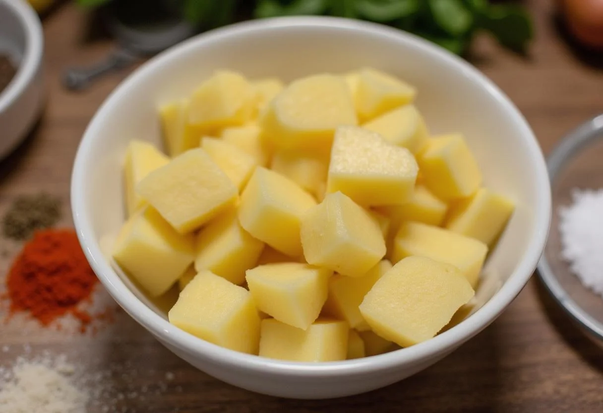 Peeled and diced rohe kartoffeln in einer Schüssel für die Heißluftfritteuse.