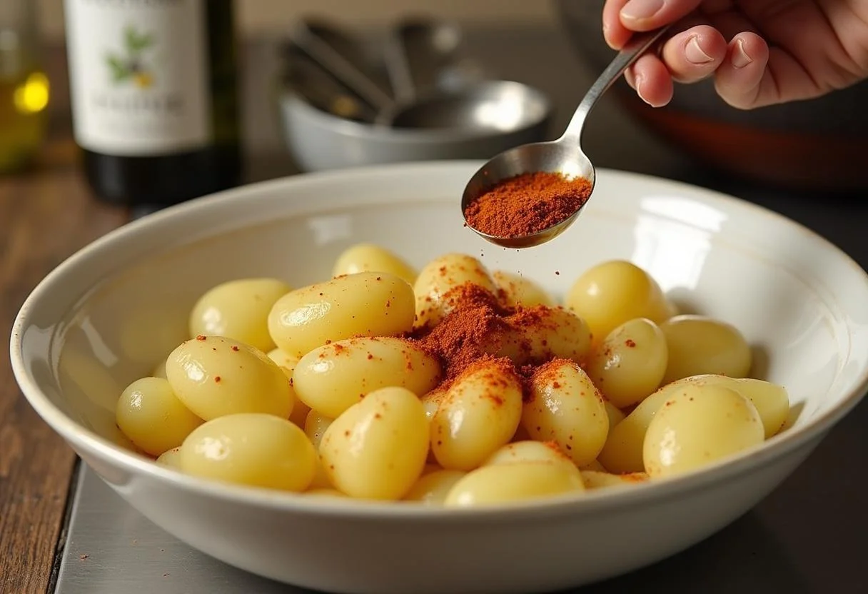 Rohe kartoffeln in der Heißluftfritteuse angemacht mit Öl und Gewürzen für knusprige Kartoffeln.