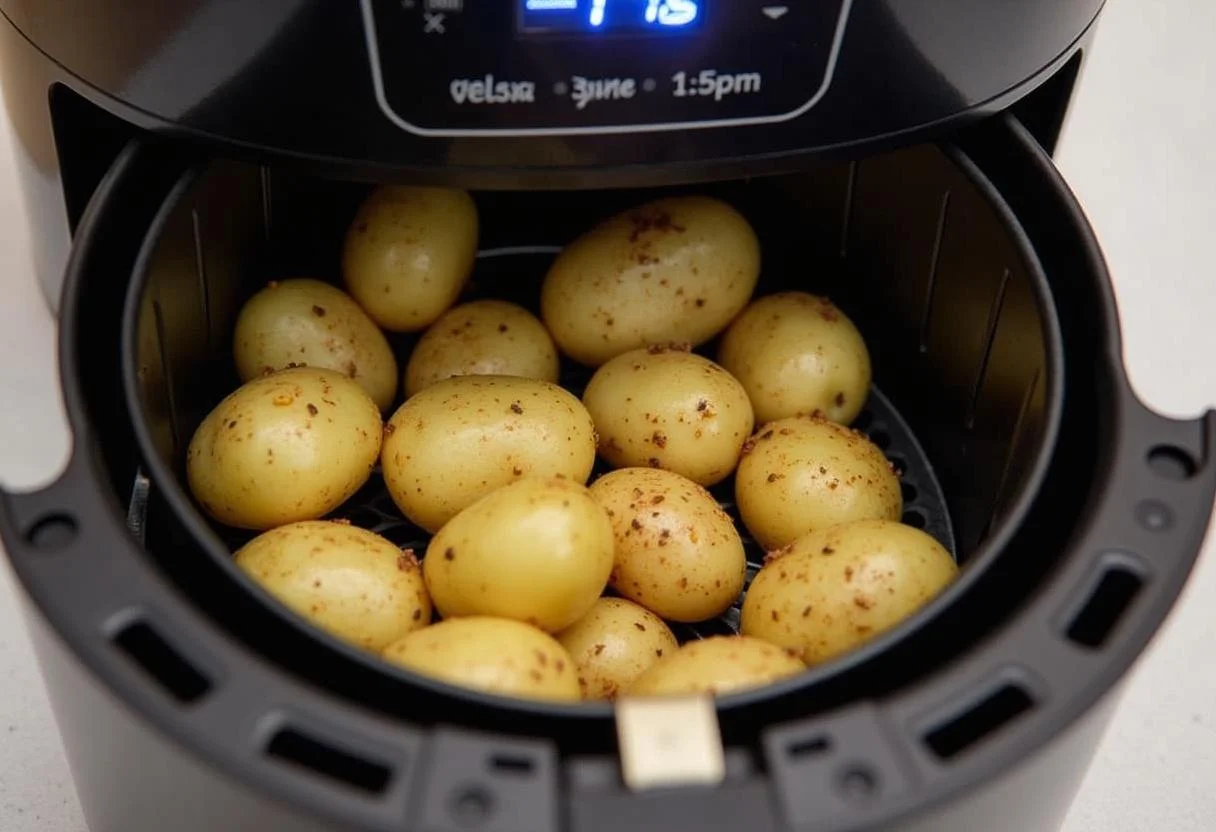 Kartoffeln in der heißluftfritteuse im Frittierkorb zum Knusprigbraten vorbereitet.