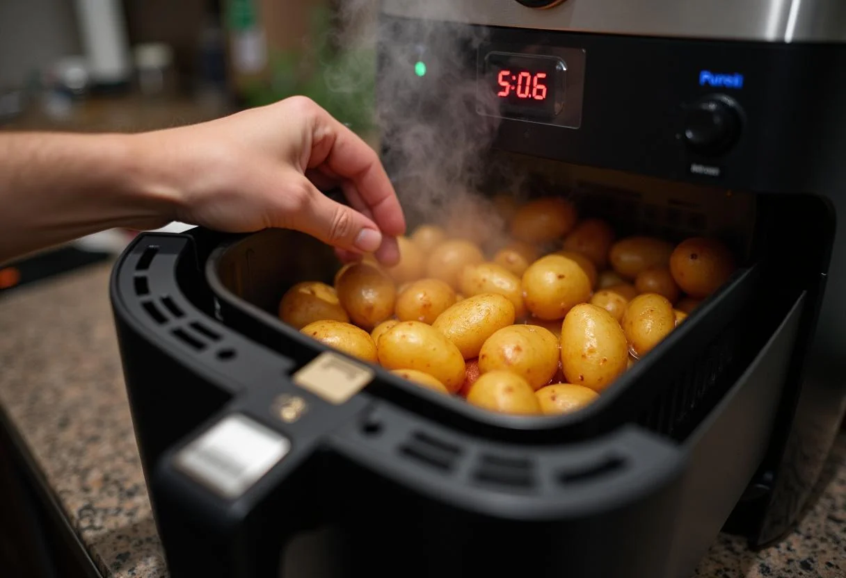 Kartoffeln in der heißluftfritteuse während des Frittierens geprüft für knusprige Ergebnisse.