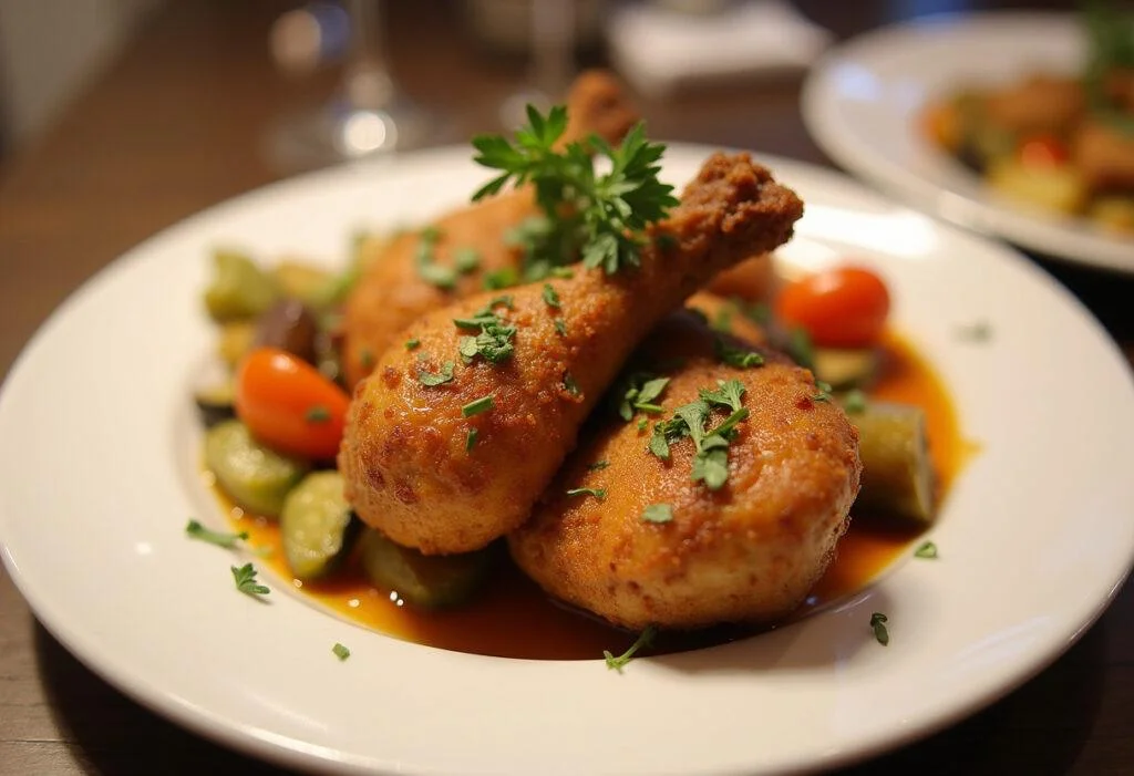 Fertiges knuspriges Hähnchen aus dem Airfryer auf dem Teller, perfekt für ein festliches Essen.