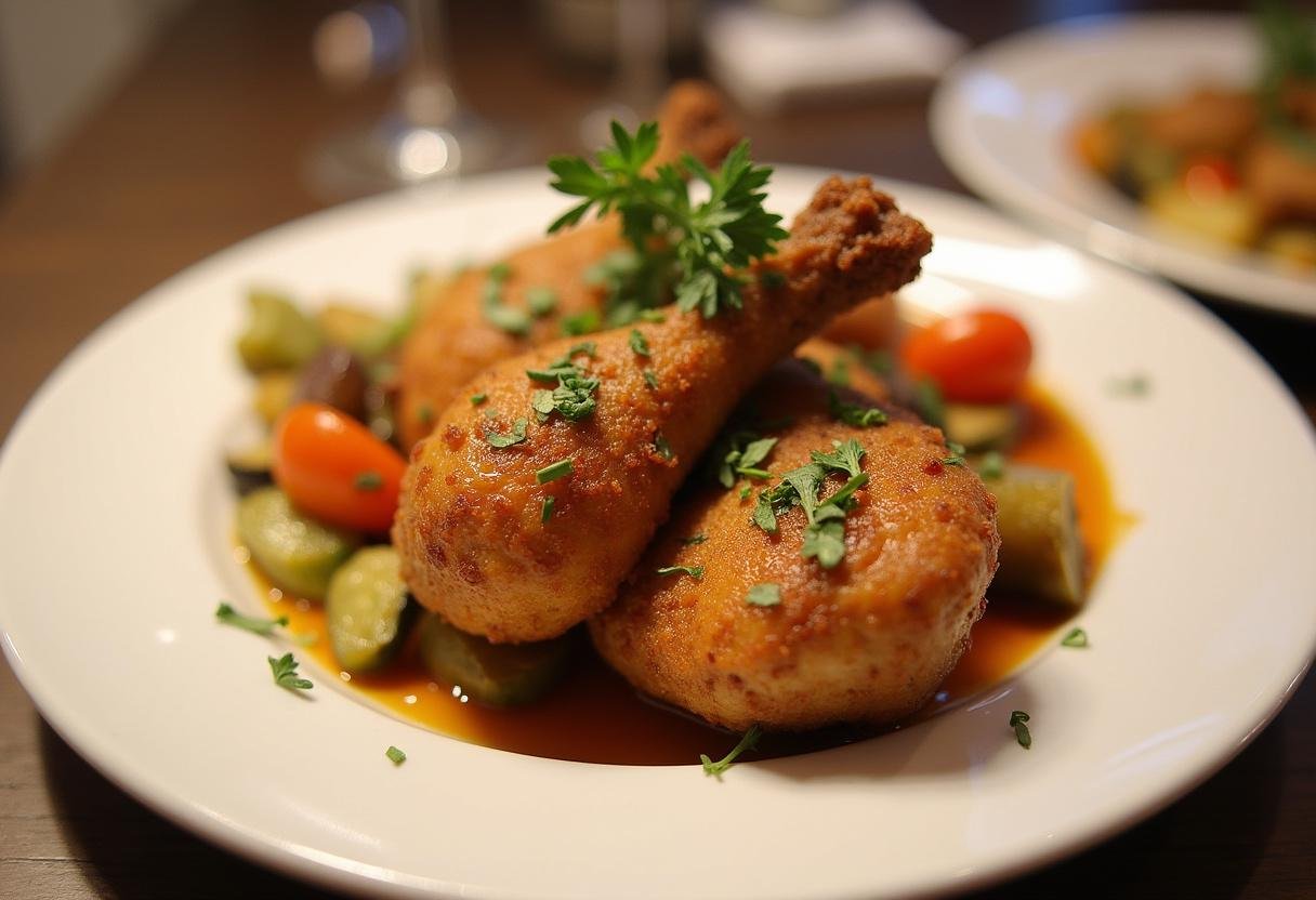 Fertiges knuspriges Hähnchen aus dem Airfryer auf dem Teller, perfekt für ein festliches Essen.
