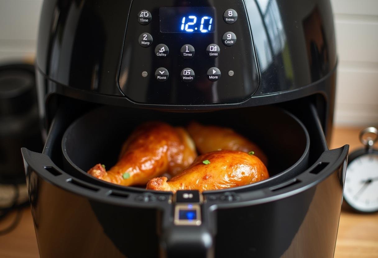 Airfryer mit geschlossenem Tür und eingestellten Temperaturen für knuspriges Hähnchen.