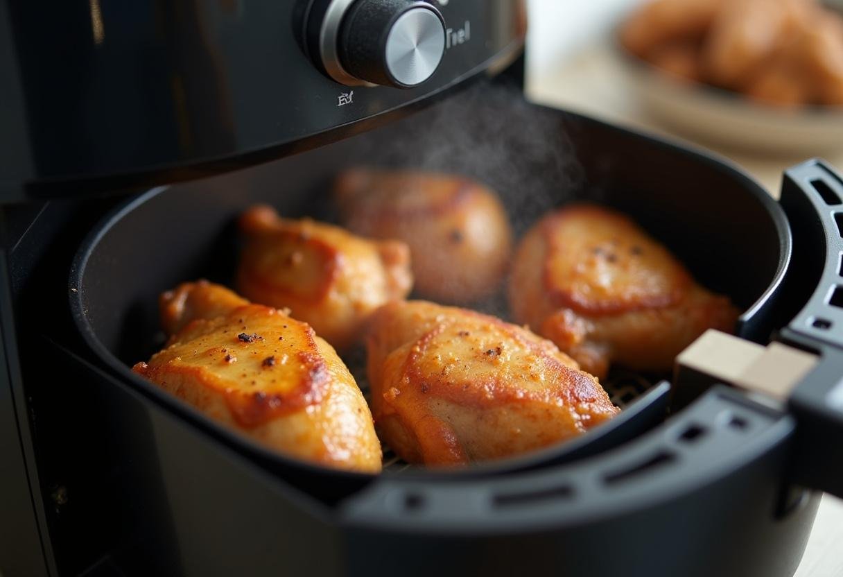 Knuspriges Hähnchen im Airfryer, perfekt gebräunt während des Garvorgangs.