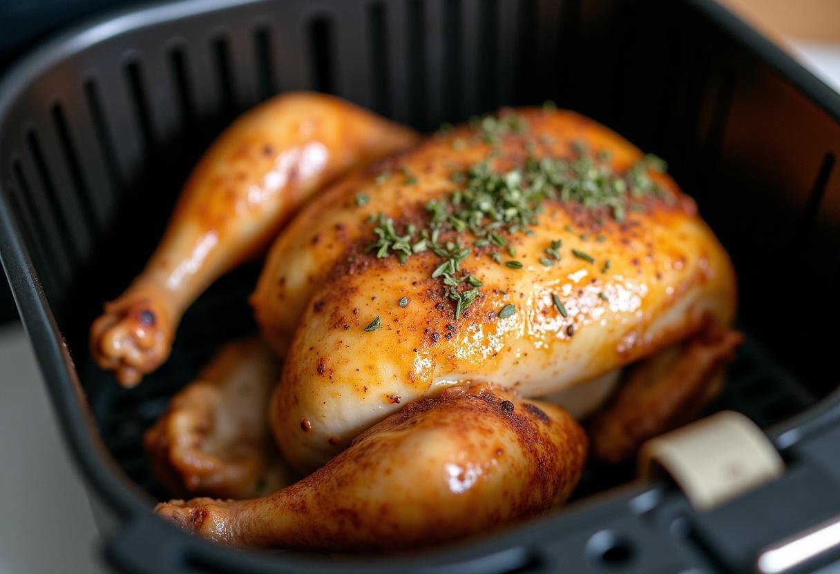 Vollständig gekochtes knuspriges Hähnchen im Airfryer, bereit zum Servieren.