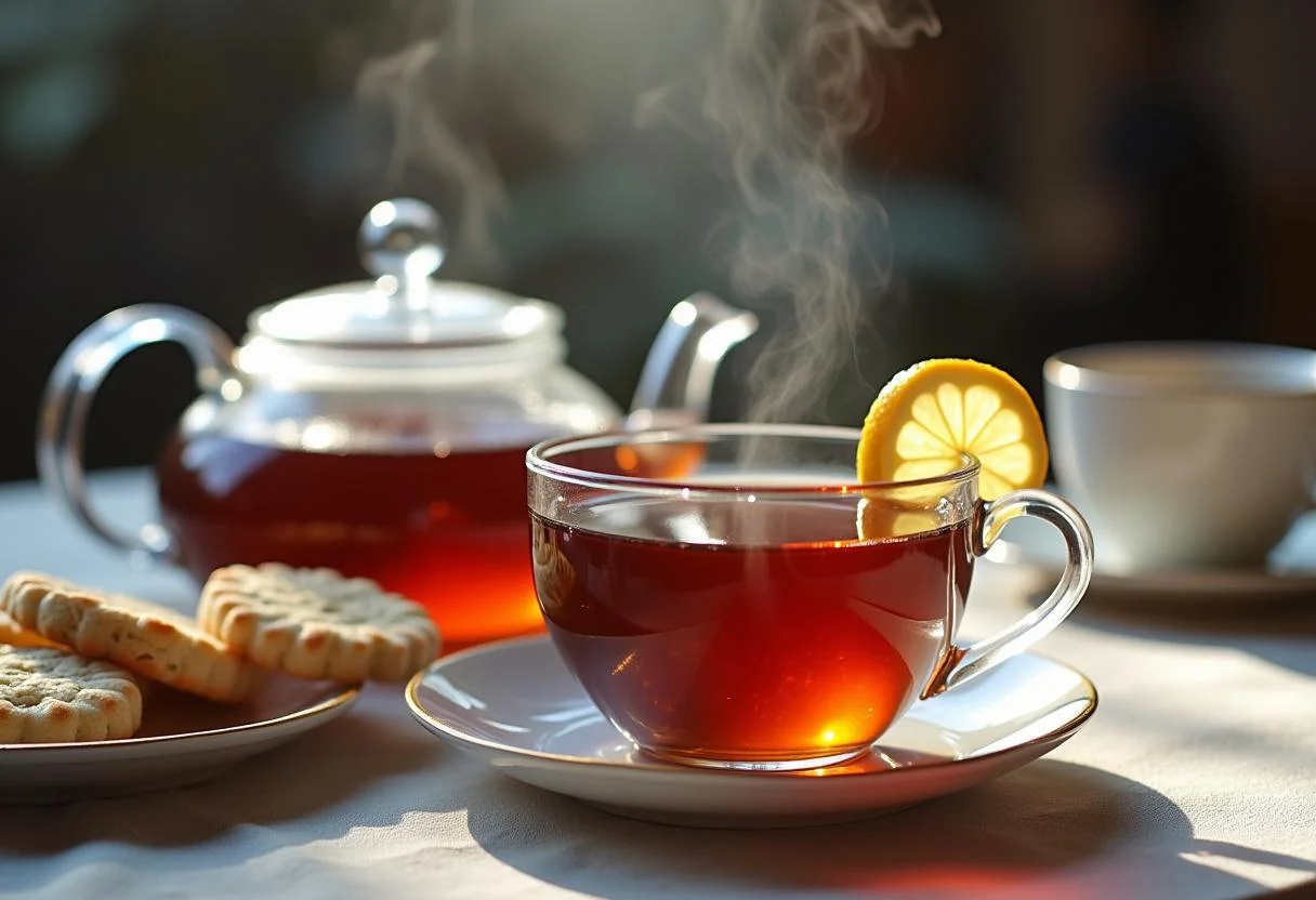 Fertig angerichteter Tisch mit schwarzem Tee und Gebäck, ideal für einen gesunden Genussmoment.
