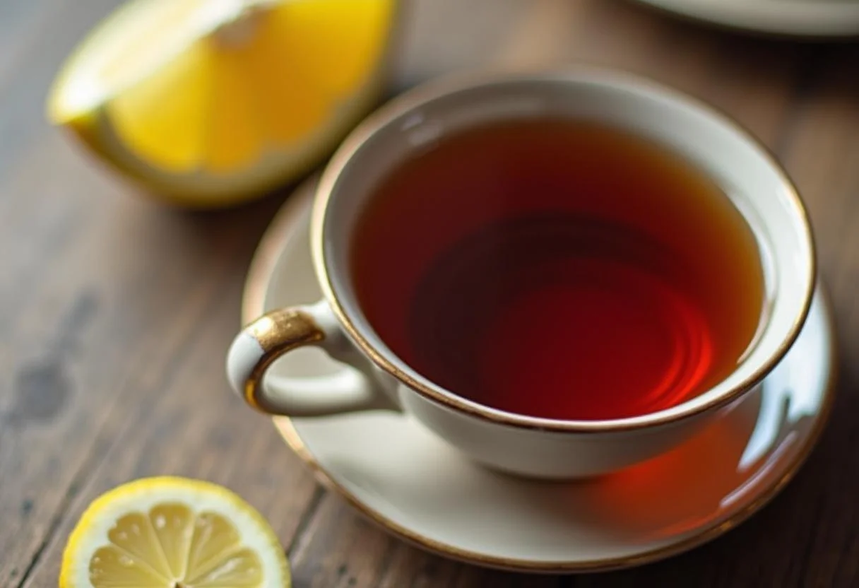 Gebrauter schwarzer Tee in einer Tasse, der die gesundheitlichen Vorteile und den Geschmack hervorhebt.