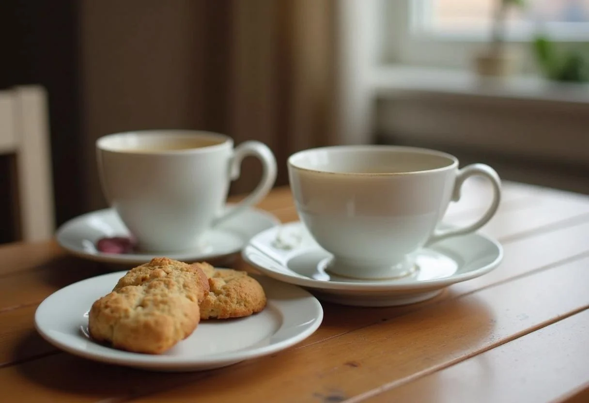 Teetasse mit schwarzem Tee und Gebäck für einen genussvollen Moment mit Koffein schwarzer Tee.