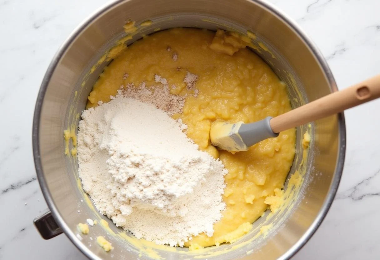 Banana and almond flour mixture prepared for a geburtstag kuchen ohne zucker.