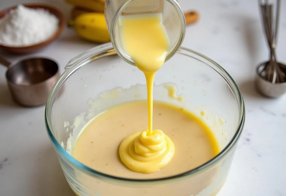 Melted coconut oil added to the banana mixture for einen schnellen kuchen ohne zucker.