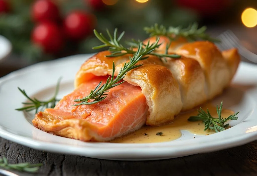 Finished lachs im blätterteig mit spinat, elegantly served for festive occasions.