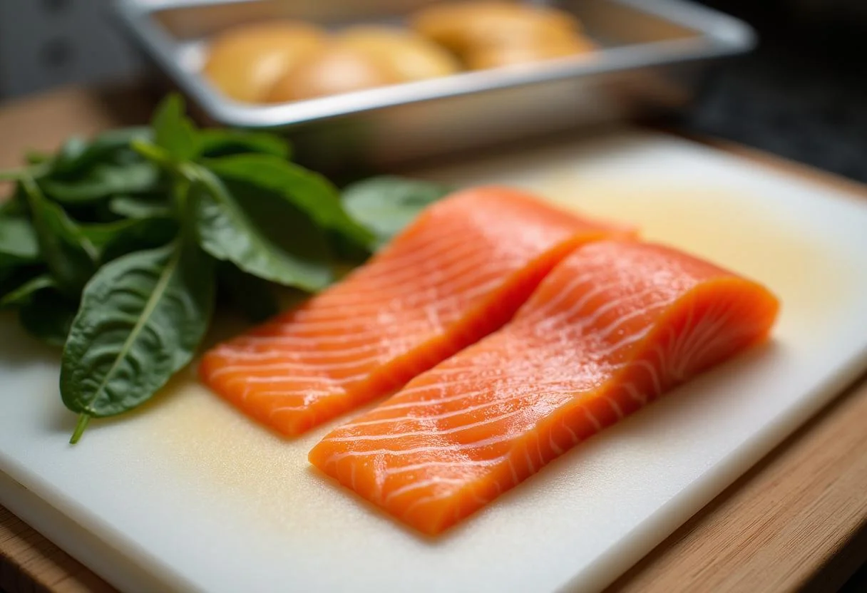 Fresh salmon fillets and spinach leaves for preparing lachs im blätterteig mit spinat.