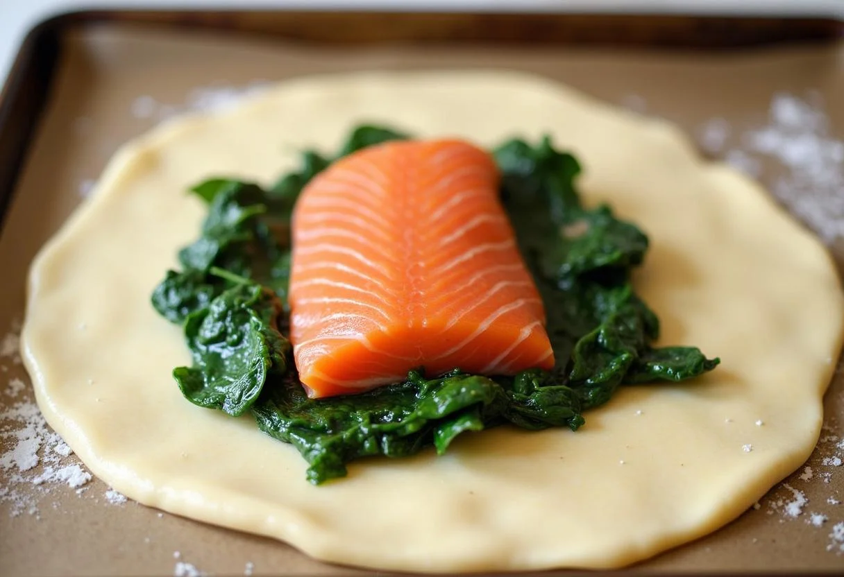 Puff pastry with salmon and spinach ready to be wrapped for lachs im blätterteig mit spinat.