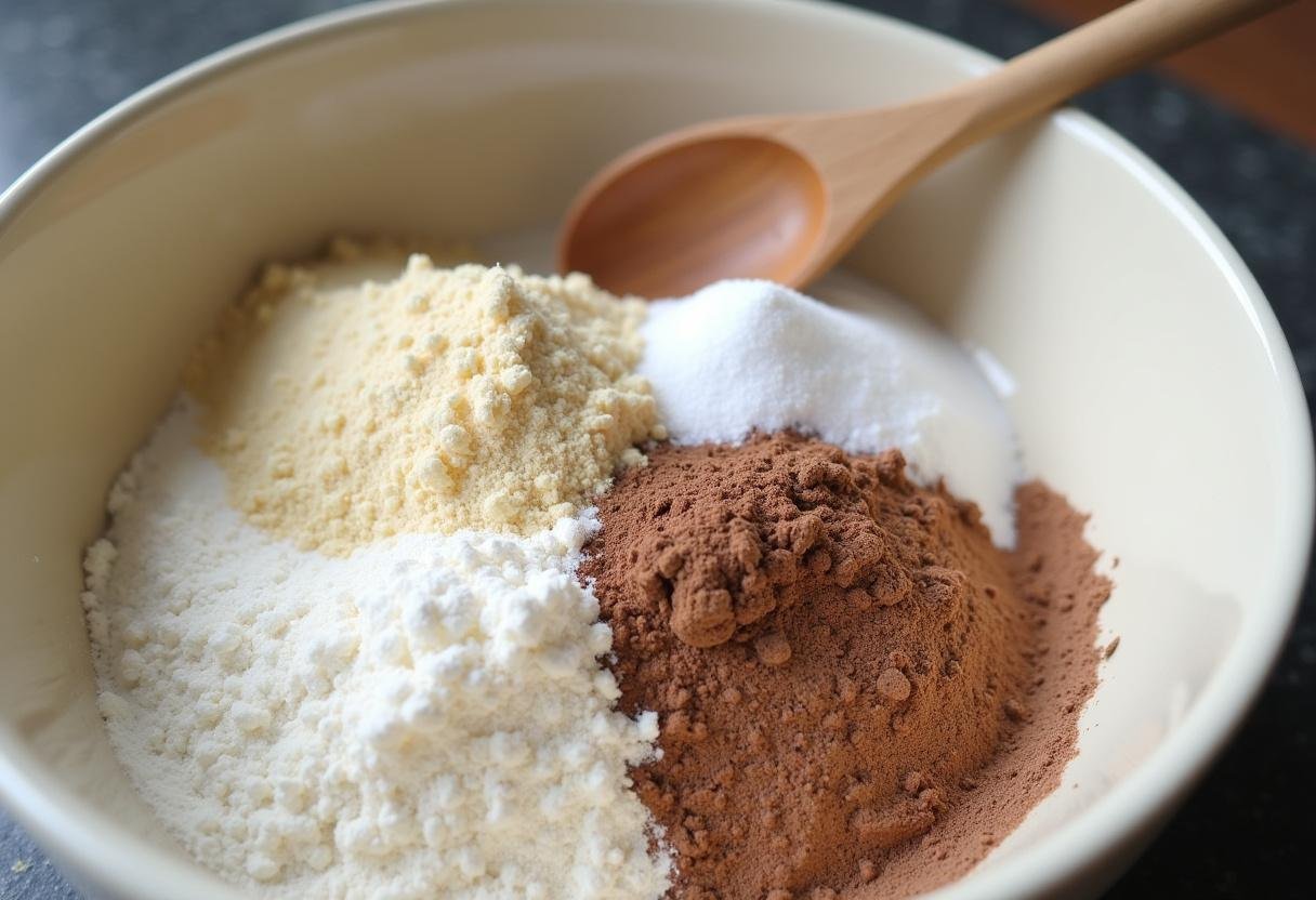 Trockene Zutaten für leckere Banane Schoko Muffins, einschließlich Mehl, Kakao und Zucker.