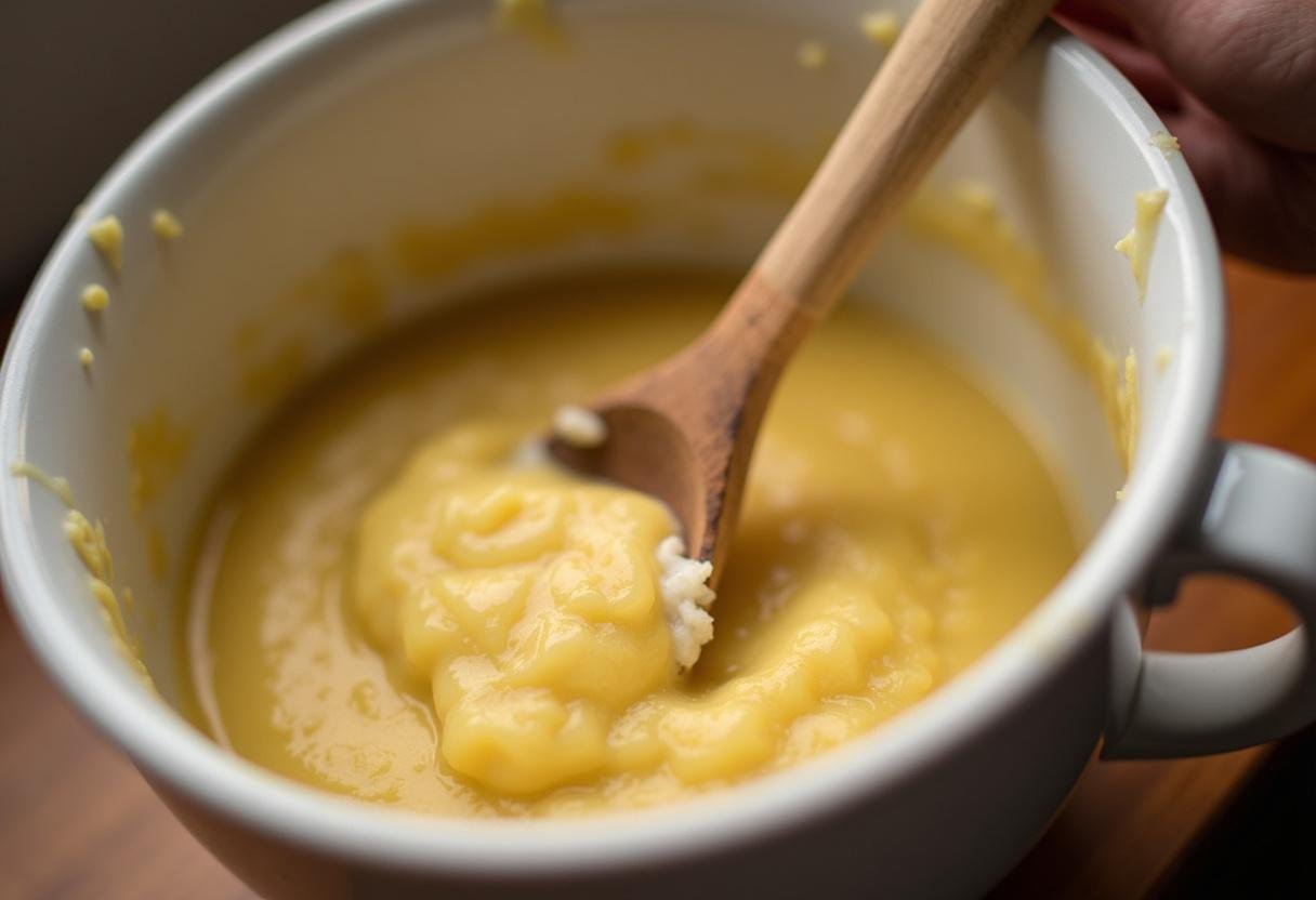 Bananen vermischt mit trockenen Zutaten zur Vorbereitung von Banane Schoko Kuchen.