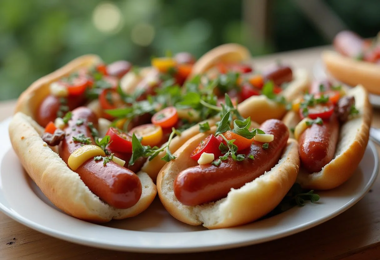 Fertig zubereitete leckere Bratwurst im Brötchen, ideal für Grillpartys.