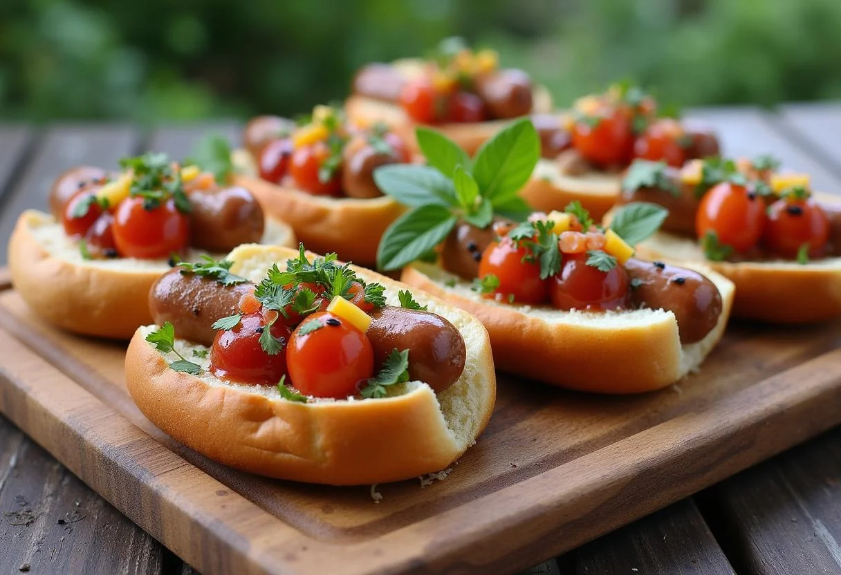 Fertig zubereitete leckere Bratwurst im Brötchen, ideal für Grillpartys.
