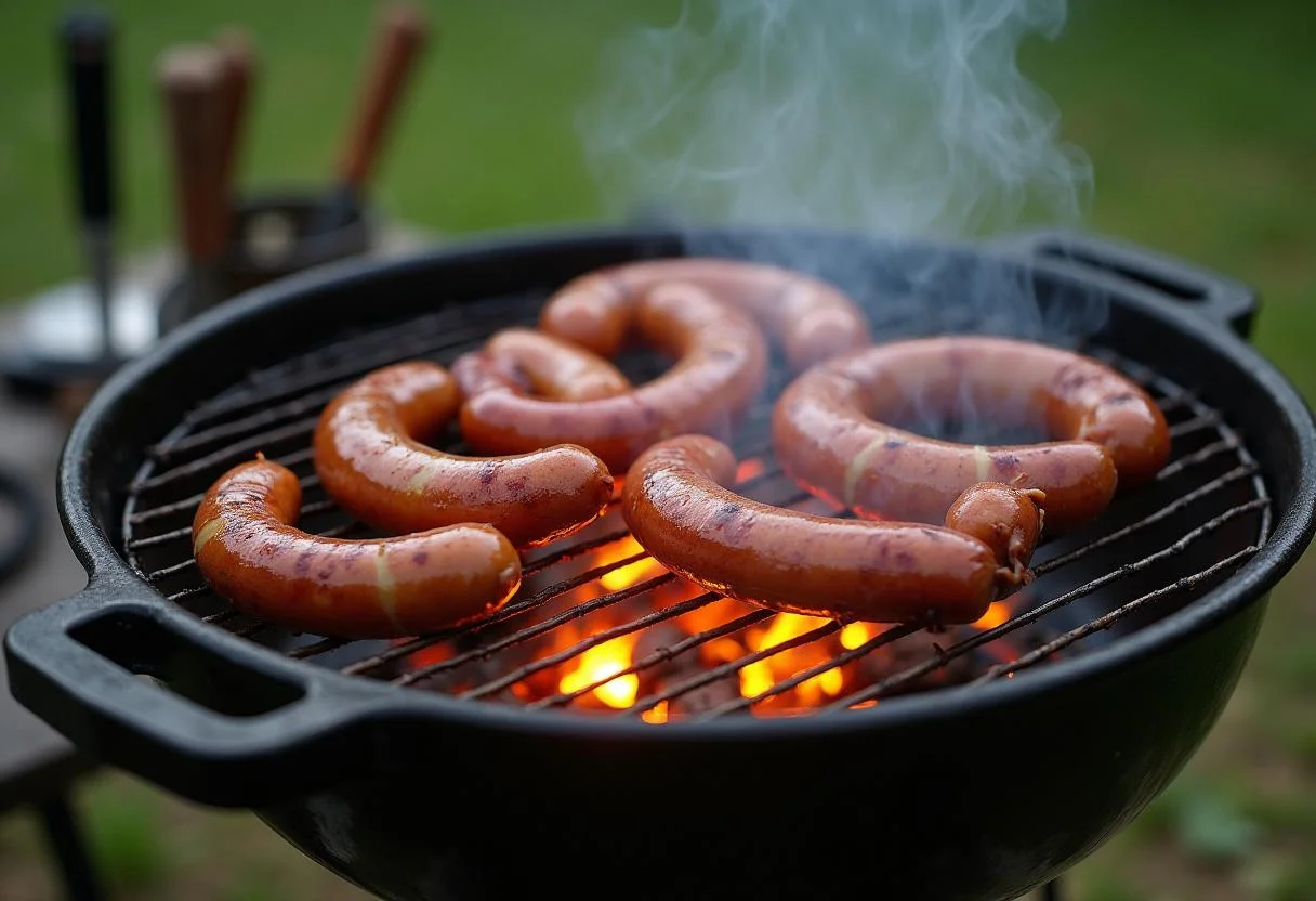 Saussage bratwurst auf dem Grill für leckere Bratwurst im Brötchen.