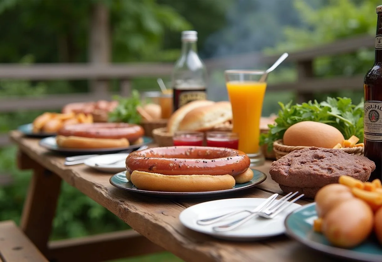 Leckere Bratwurst im Brötchen auf einem Grilltisch im Freien.