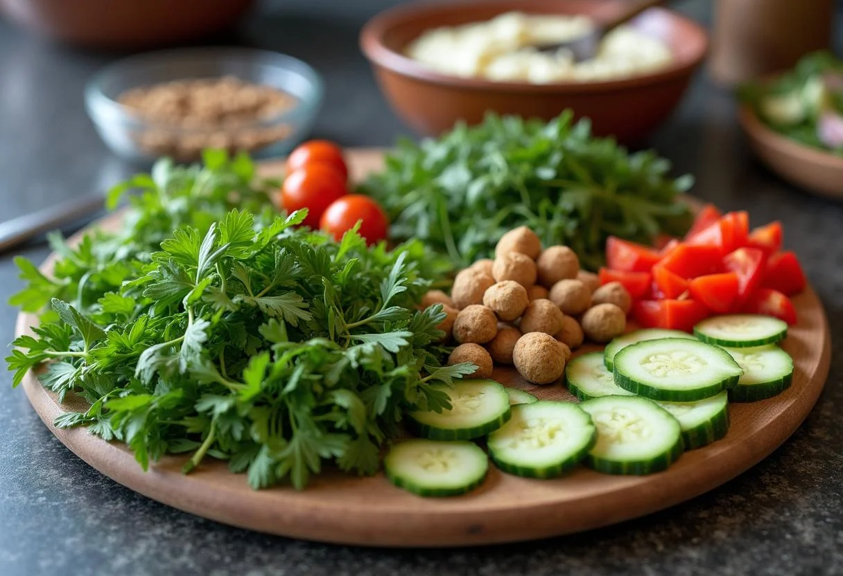 Frische Kräuter und Gemüse für die Zubereitung von Dips für Brot.