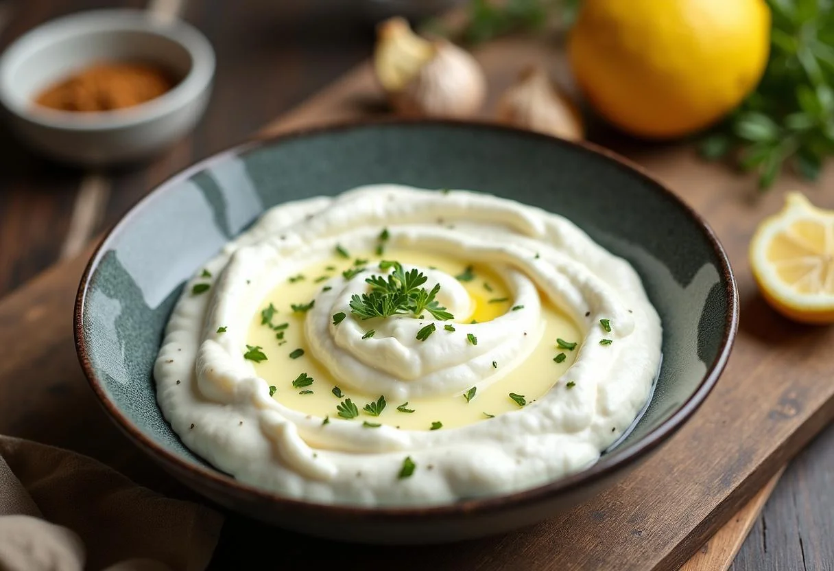 Joghurt und Knoblauch für die Zubereitung von Dips zu Brot.