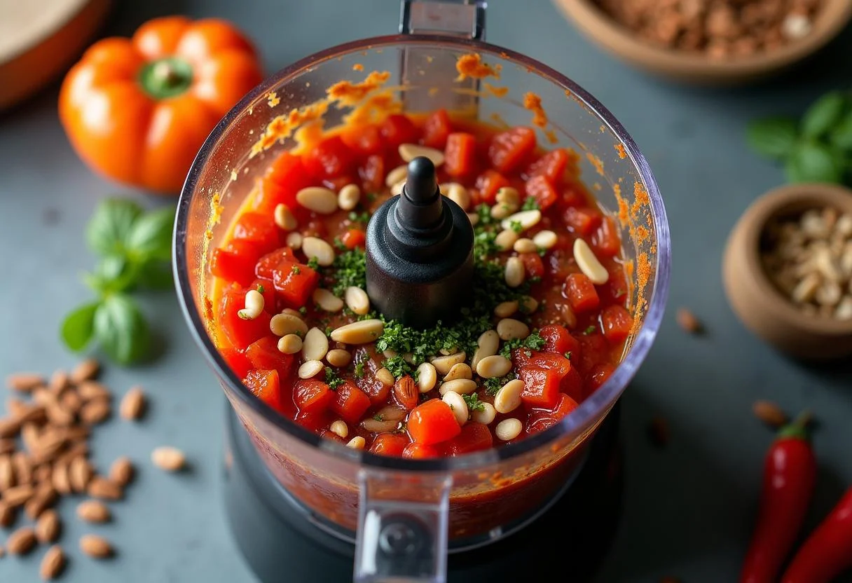 Gemischte geröstete Paprika und Nüsse für Dips zum Brot.