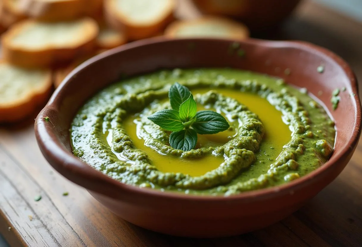 Grüner Pesto-Dip mit frischem Brot zum Genießen.