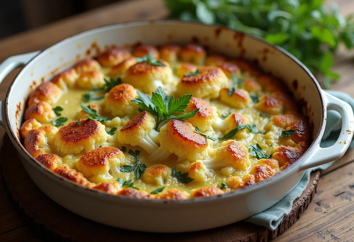 Deliciously baked zucchini and cauliflower with cheese, perfect for a cozy meal.