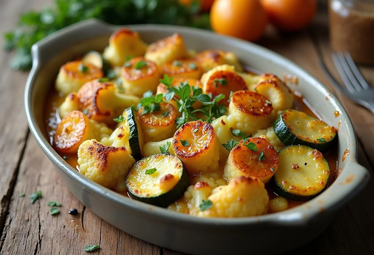 Deliciously baked zucchini and cauliflower with cheese, perfect for a cozy meal.