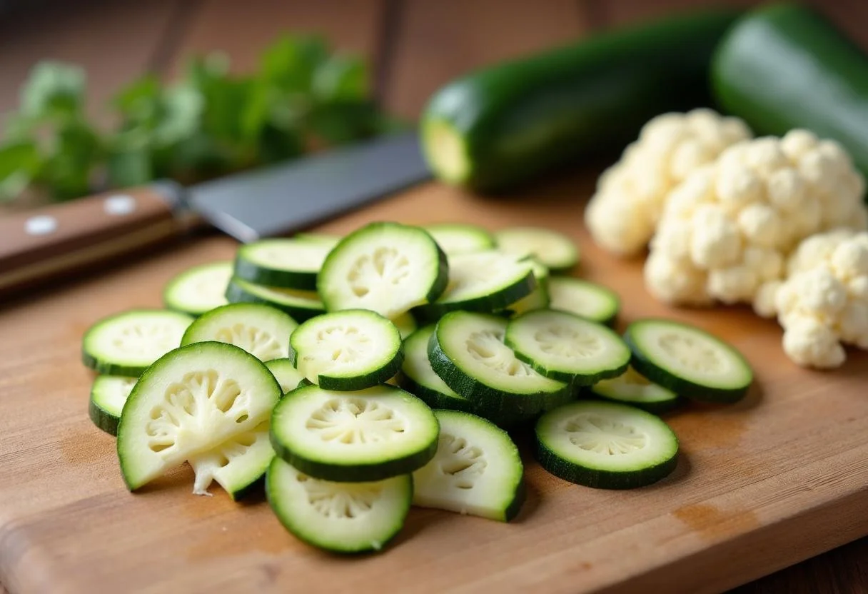 Sliced zucchini and cauliflower prepared for a delicious cheese-baked dish.