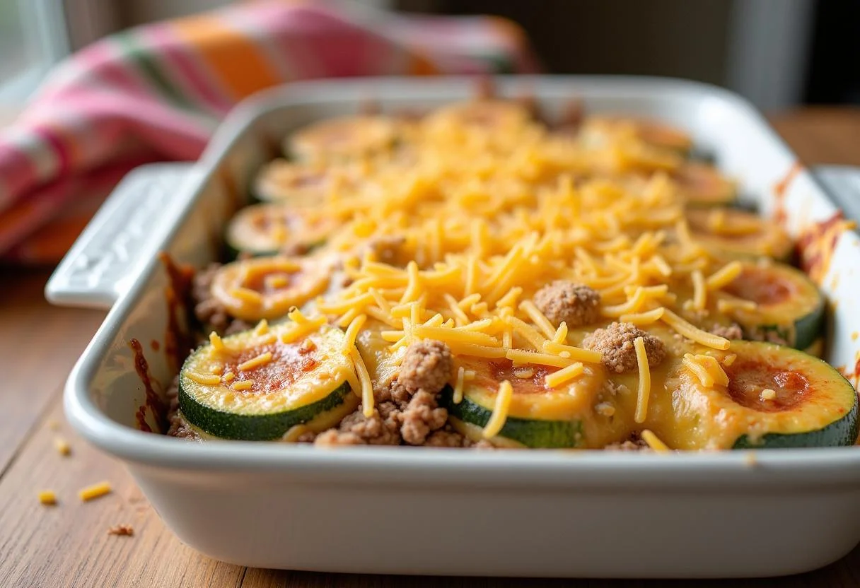 Layered zucchini with ground meat and cheese ready for baking in the oven.