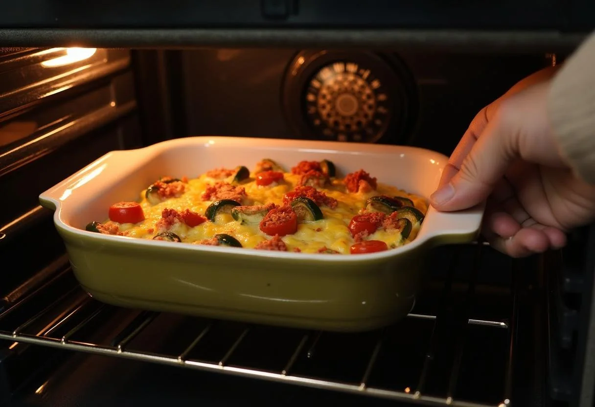 Cheese and vegetable casserole being placed in the oven for baking.