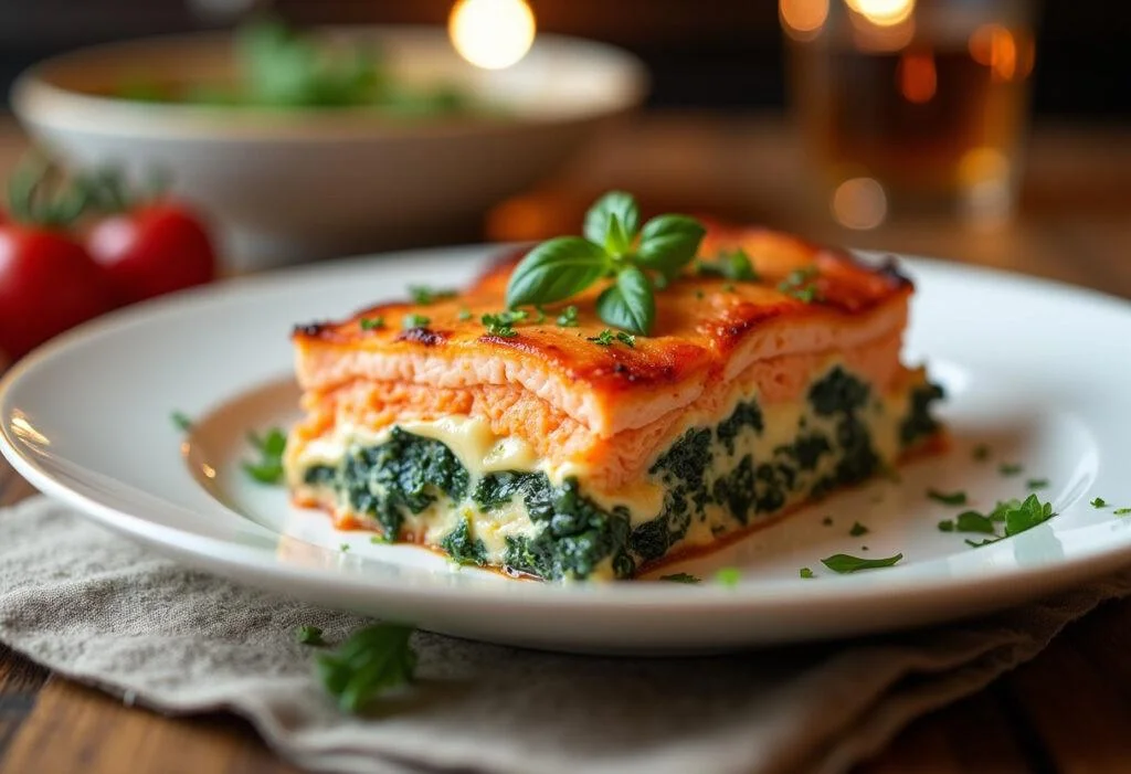 Perfekt gebackene Lachs Lasagne mit Spinat, serviert mit frischen Kräutern für besondere Anlässe.