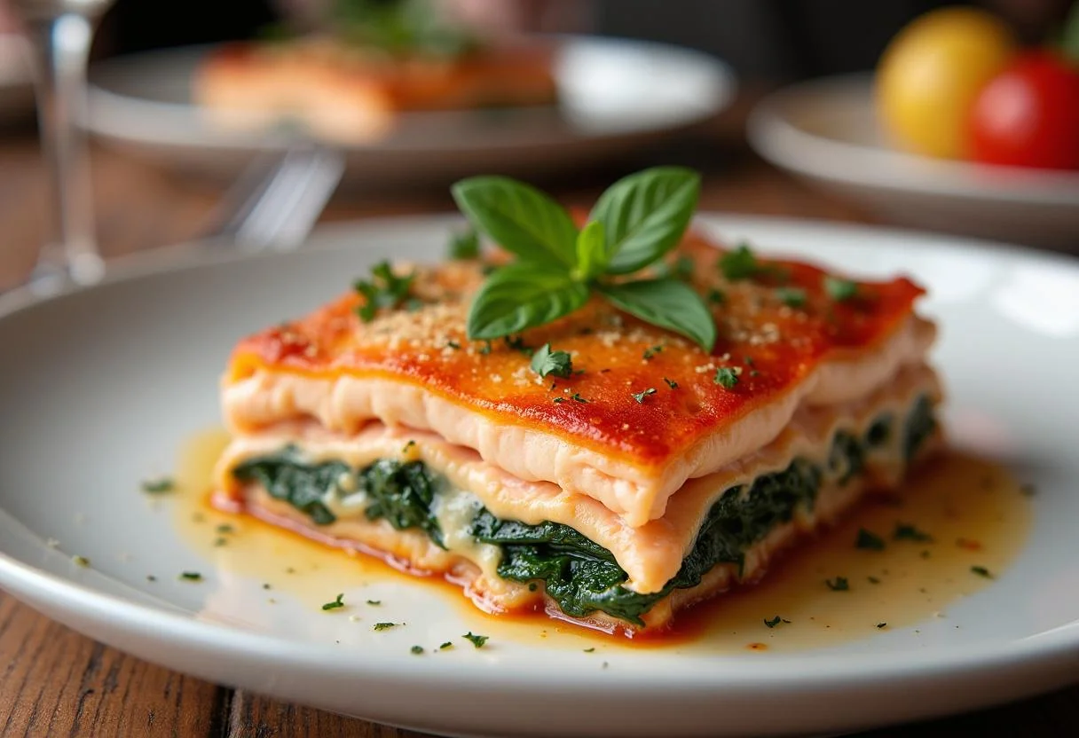 Perfekt gebackene Lachs Lasagne mit Spinat, serviert mit frischen Kräutern für besondere Anlässe.