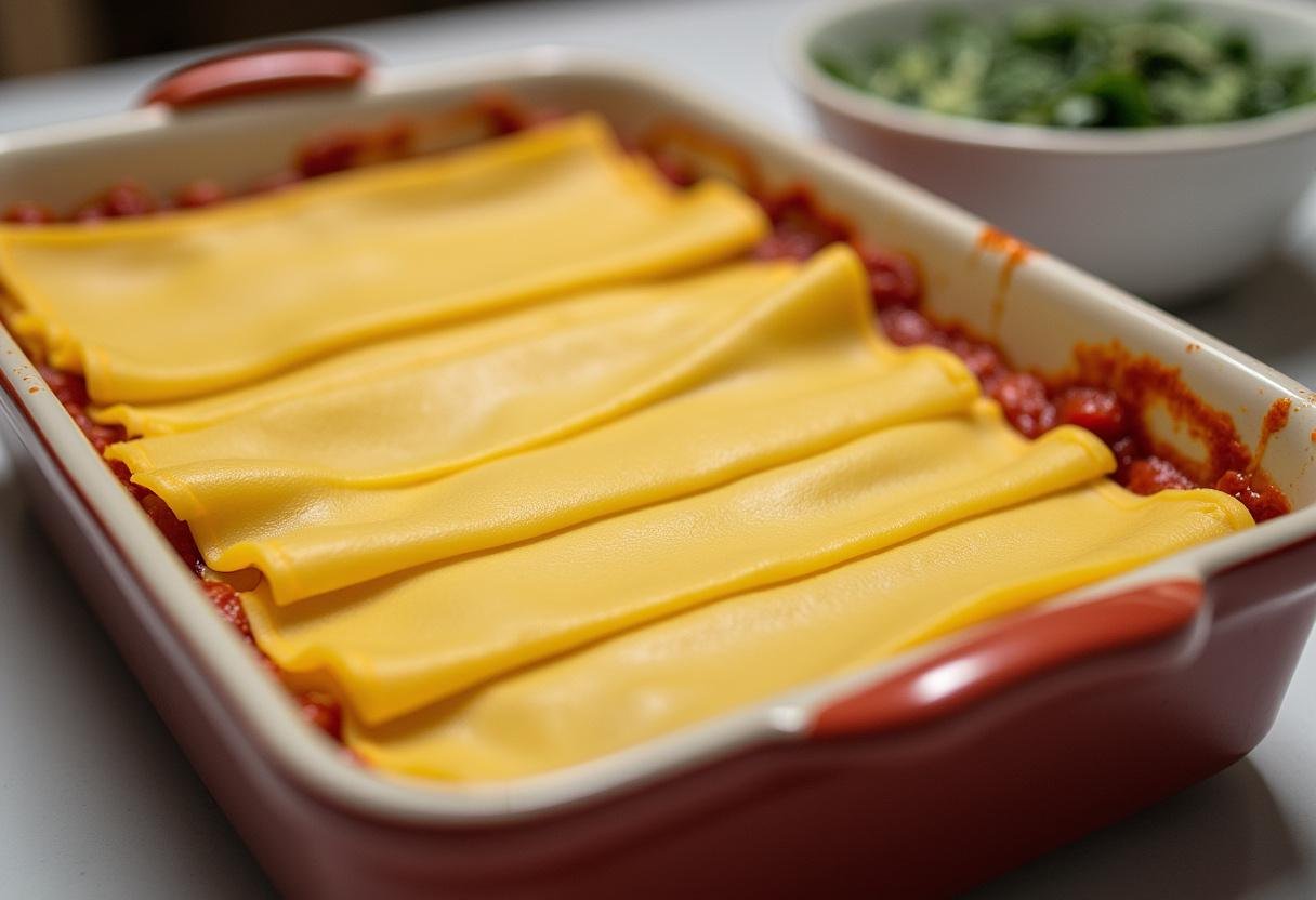 Frische Lasagneblätter in einer Auflaufform für die Lachs Lasagne mit Spinat.