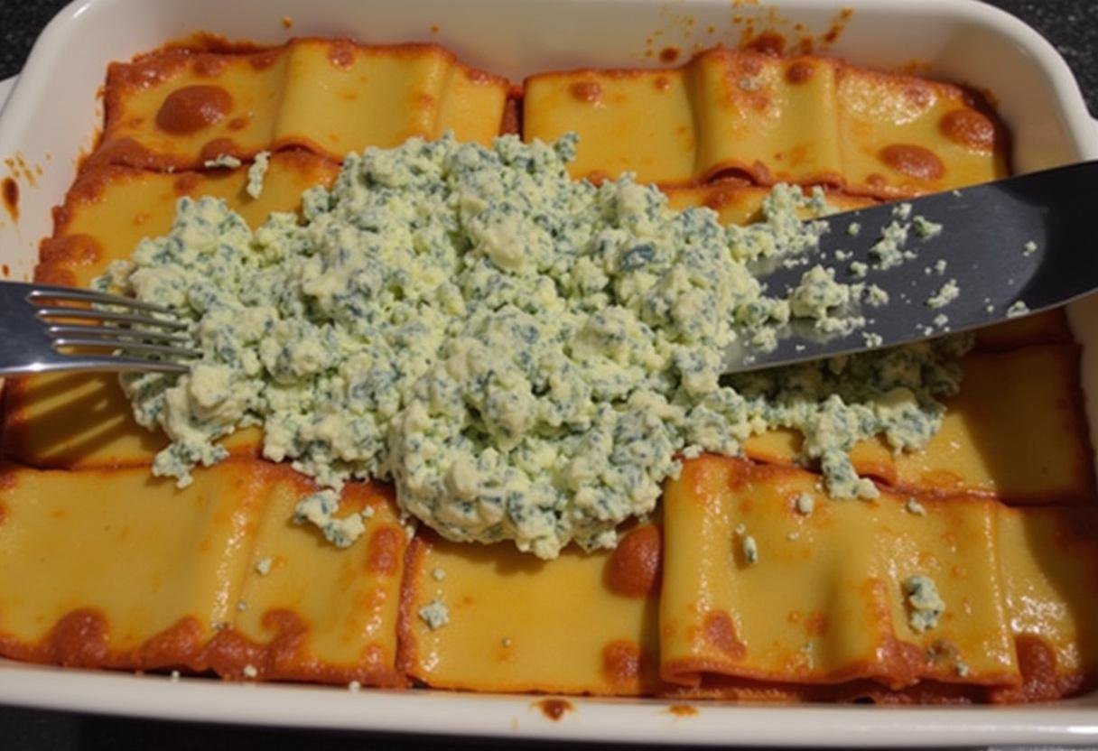 Spinat-Ricotta-Füllung wird auf die Lasagneblätter für die Lachs Lasagne aufgetragen.