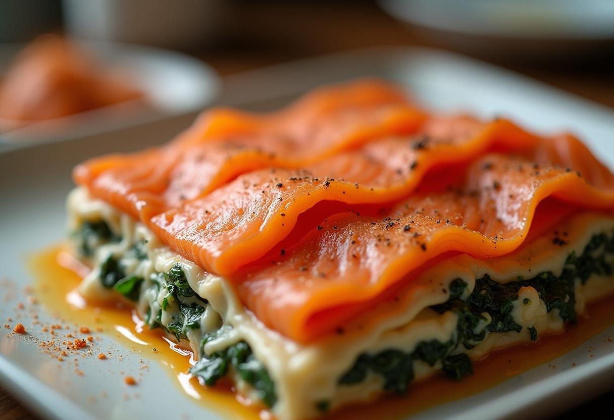 Frischer Lachs wird auf die Spinat-Ricotta-Schicht der Lachs Lasagne gelegt.