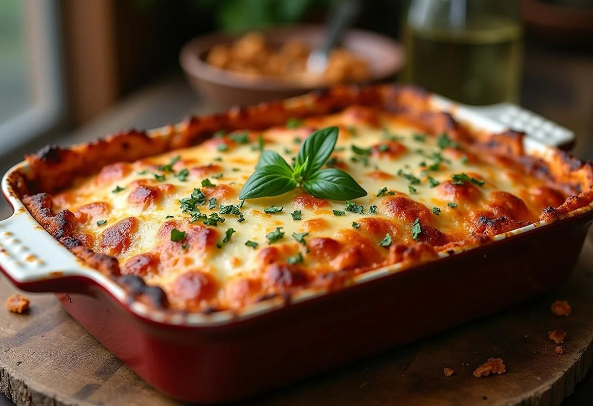 Finished lasagna with salmon and spinach, perfect for family dinners.