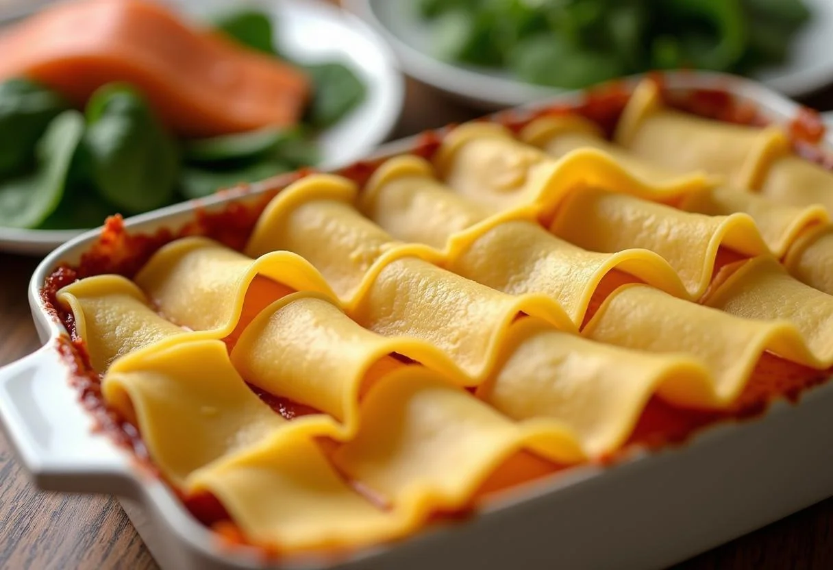 Lasagna noodles being arranged for a delicious lasagna with salmon and spinach.