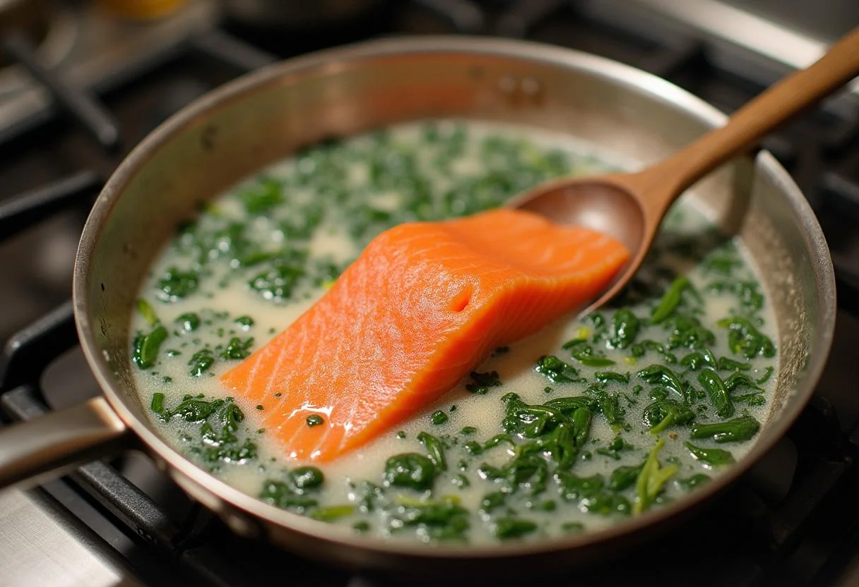 Creamy spinach mixture being prepared for spinach and salmon lasagna recipe.