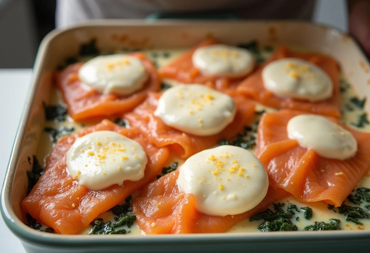 Layering creamy spinach and salmon in the lasagna for a delicious dish.