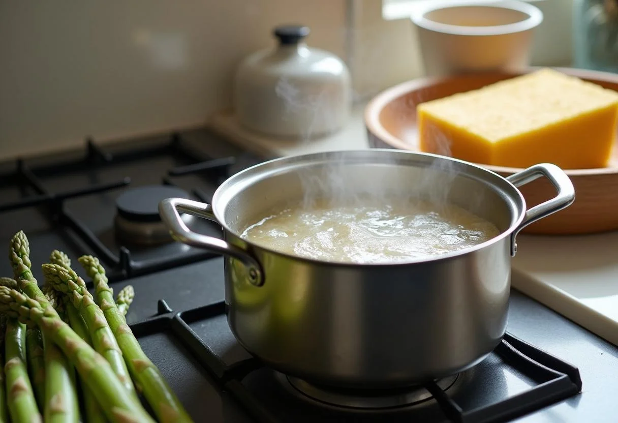 Boiling water for cooking pasta mit grünem spargel in an Italian dish.