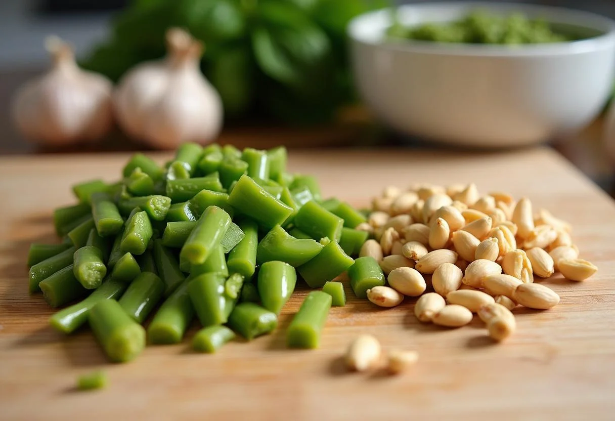 Chopped green asparagus and ingredients for pesto for pasta mit grünem spargel.