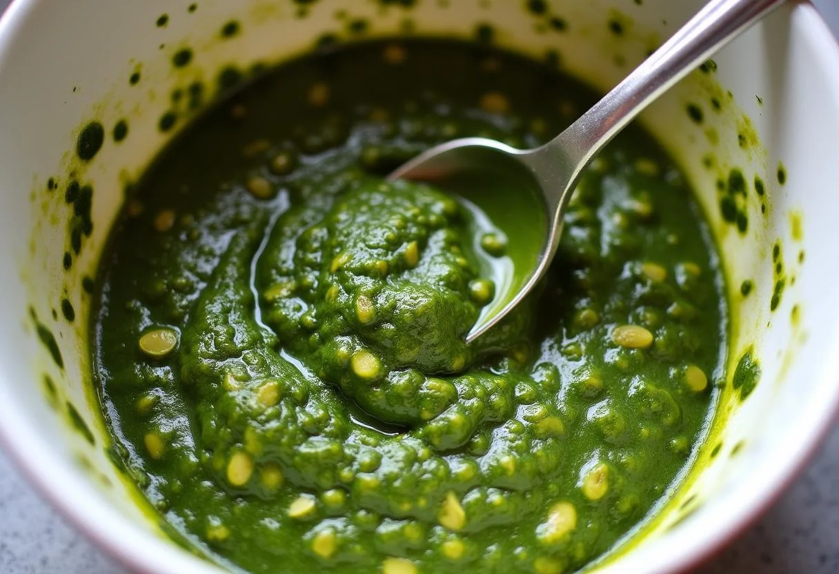 Green pesto sauce prepared for mixing with pasta mit grünem spargel.