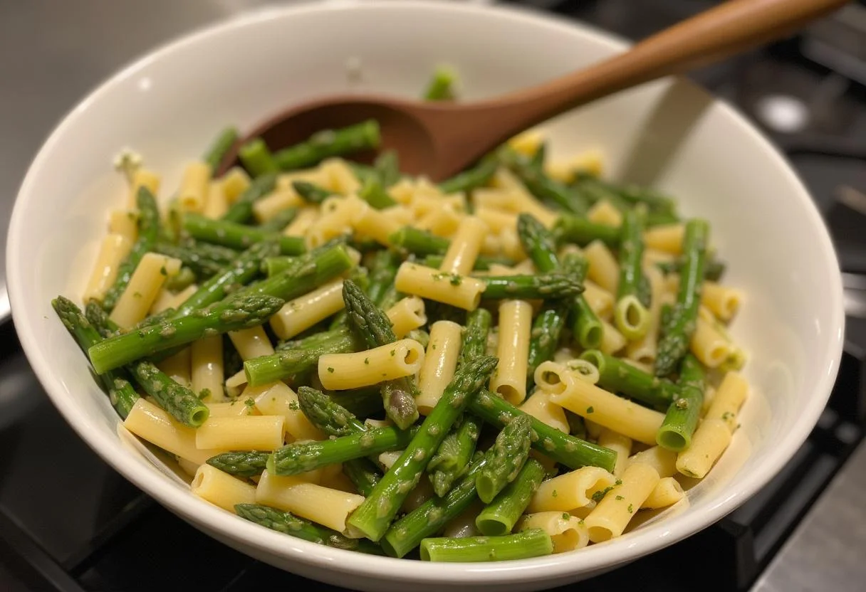 Pasta mit grünem spargel being tossed with pesto in a serving bowl.