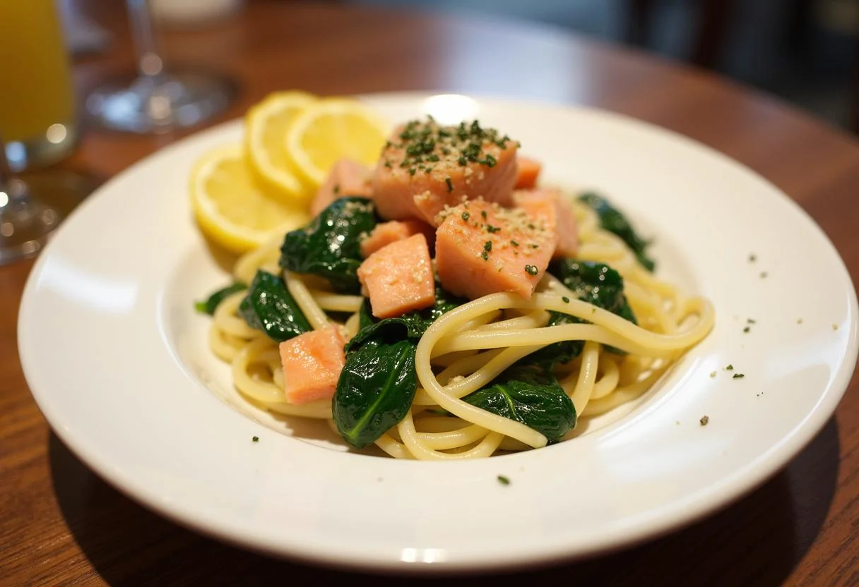 Fertige pasta mit lachs und zitrone, lebendig und köstlich, perfekt für eine Gourmet-Mahlzeit.