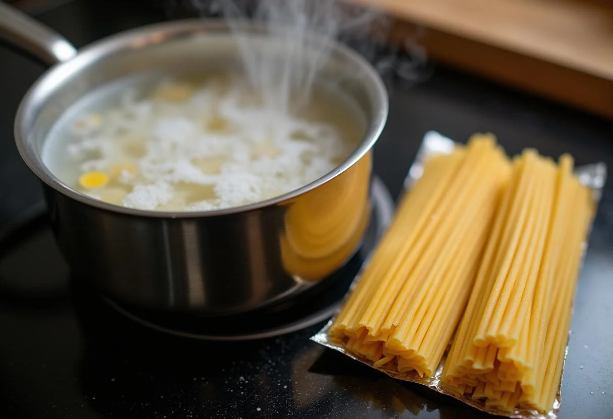 Pasta wird in kochendem Wasser für Pasta mit Lachs und Zitronensauce zubereitet.