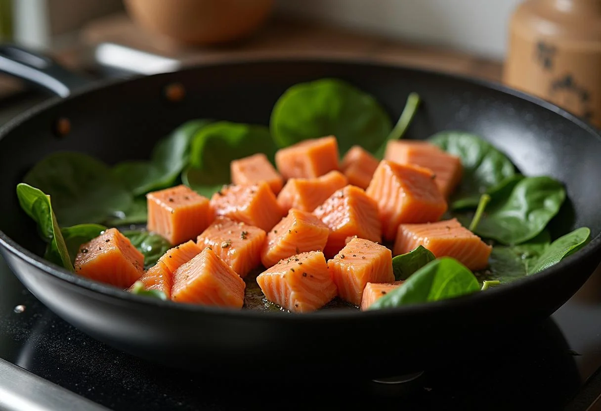 Gewürfelter Lachs und Spinat werden in einer Pfanne für das Rezept Pasta Lachs Spinat angebraten.