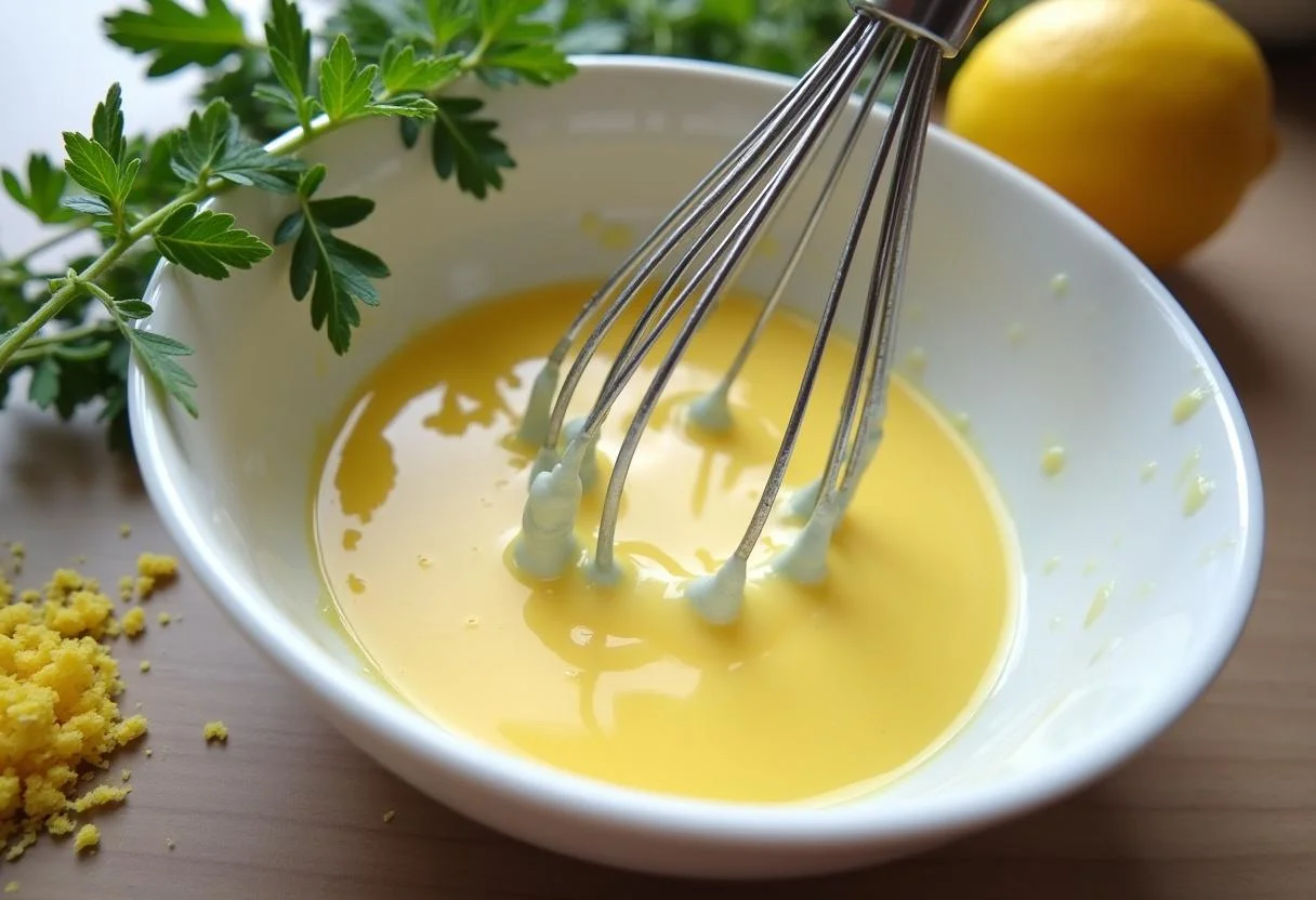 Cremige Zitronensauce wird für das Gericht Pasta mit Lachs und Spinat zubereitet.