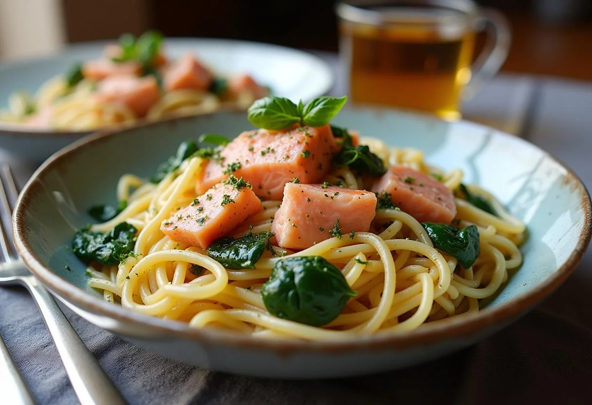 Pasta mit Lachs und Zitrone wird serviert, wobei die Zutaten miteinander verschmelzen.